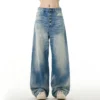 Washed Wide Leg Straight Jeans with Buckle Detail