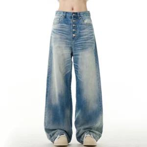 Washed Wide Leg Straight Jeans with Buckle Detail