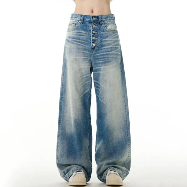 Washed Wide Leg Straight Jeans with Buckle Detail