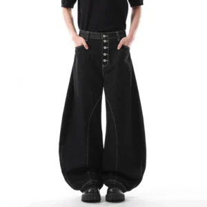 Solid Color Curved Knife Wide Leg Jeans with Button Design