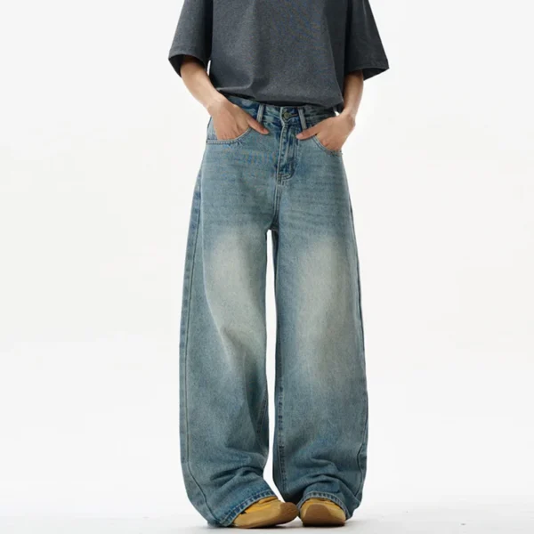 Washed Blue Baggy Straight Floor Length Jeans - Image 3