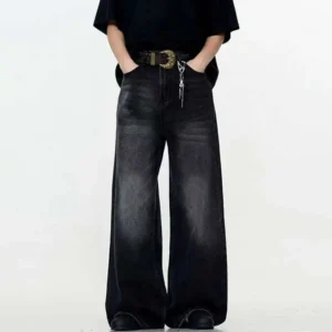 Alternative view of Solid Color Washed Straight Baggy Jeans