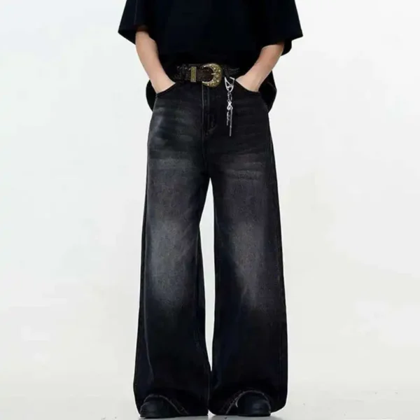 Solid Color Washed Straight Baggy Jeans - Image 2