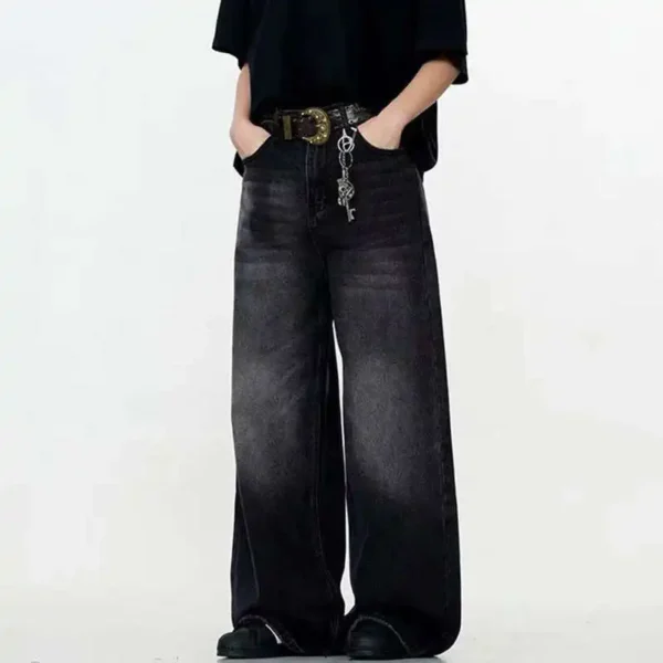 Solid Color Washed Straight Baggy Jeans - Image 3