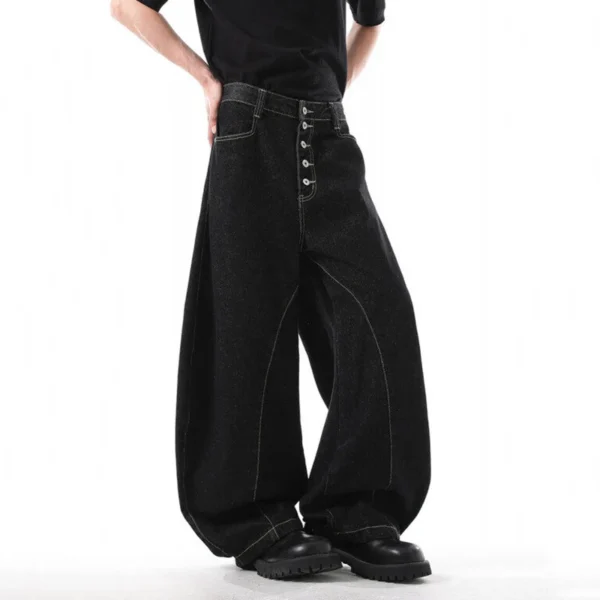 Solid Color Curved Knife Wide Leg Jeans with Button Design - Image 3
