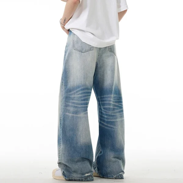 Washed Wide Leg Straight Jeans with Buckle Detail - Image 4