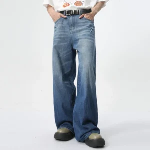 Men baggy jeans wide leg washed blue
