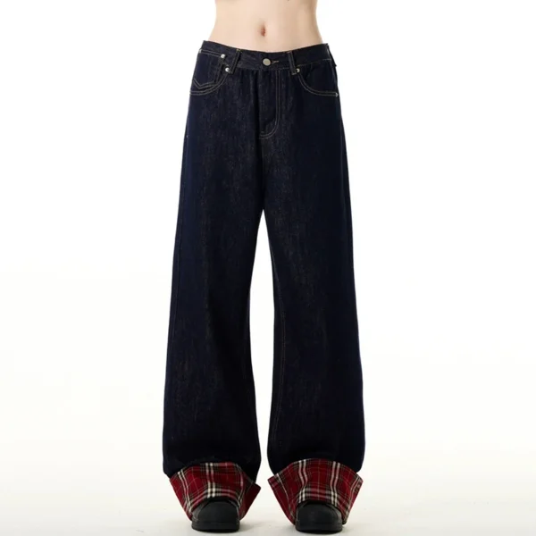 Plaid Patchwork Contrast Wide Leg Jeans - Image 3