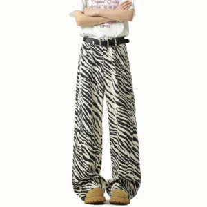 Stripe Pattern Contrast Straight Wide Leg Jeans