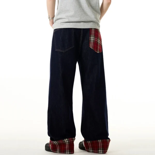 Plaid Patchwork Contrast Wide Leg Jeans - Image 4