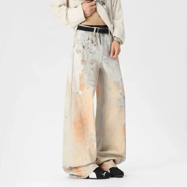 Digital Print Contrast Straight Baggy Jeans - Image 3