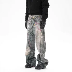 Chain Contrast Straight Wide Leg Jeans