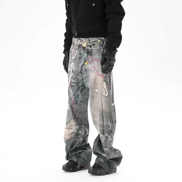 Chain Contrast Straight Wide Leg Jeans