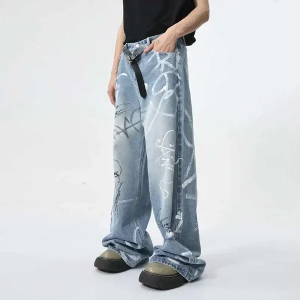 Baggy Jeans Graffiti Print Loose Fit Wide Leg Denim Streetwear - Image 3
