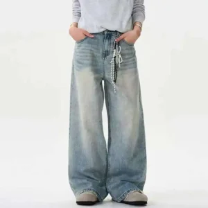 Distressed Washed Straight Wide Leg Jeans