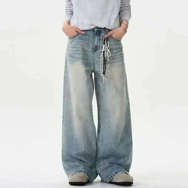 Distressed Washed Straight Wide Leg Jeans