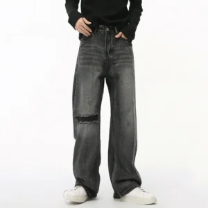 Alternative view of Ripped Straight Loose Fit Jeans with Hole Design