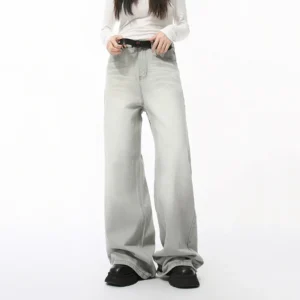 Cat Whisker Washed Straight Wide Leg Jeans
