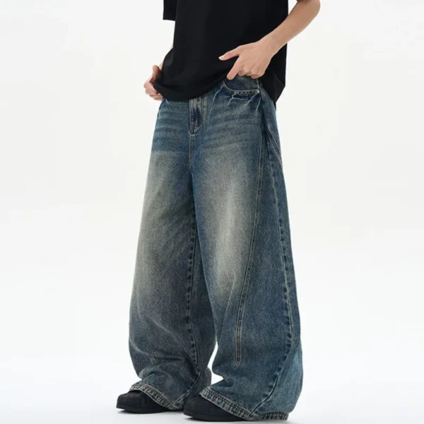 Washed Tie Flower Curved Knife Straight Jeans - Image 3