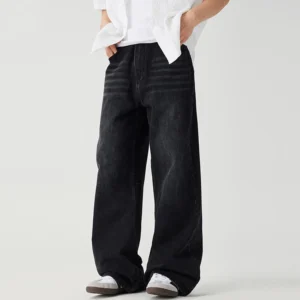Black Gray Floor Length Wide Leg Jeans