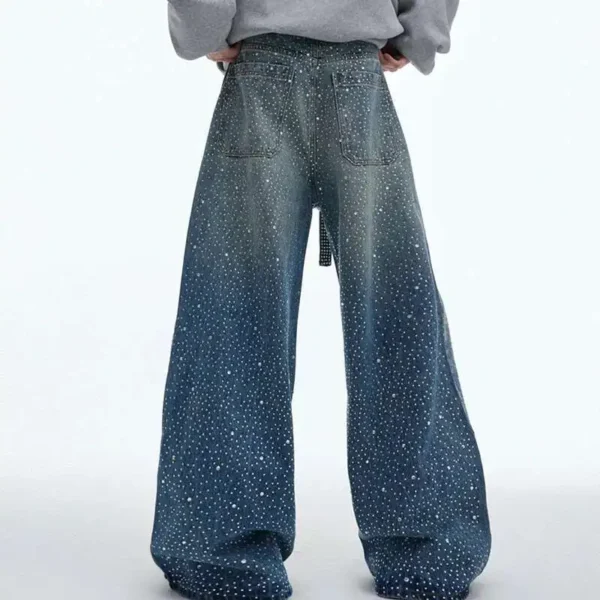 Vintage Washed Straight Wide Leg Jeans with Diamond Ribbon - Image 3