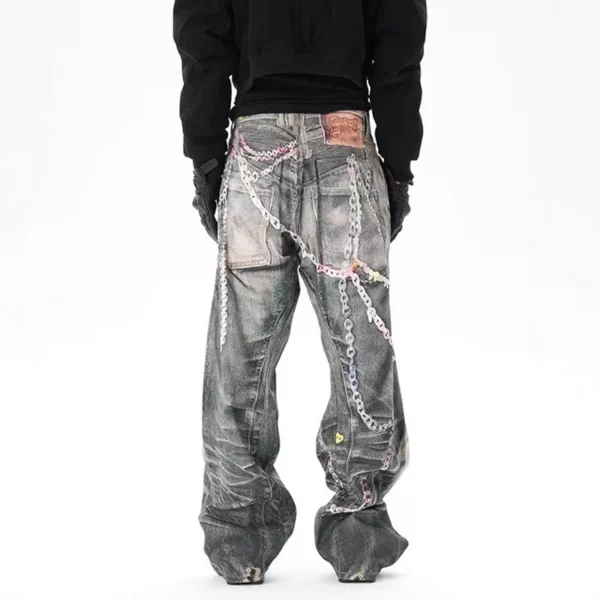 Chain Contrast Straight Wide Leg Jeans - Image 4