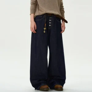 Alternative view of Solid Color Straight Loose Fit Jeans with Button Design