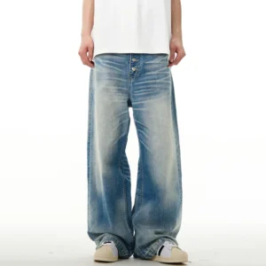 Alternative view of Washed Wide Leg Straight Jeans with Buckle Detail