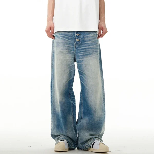 Washed Wide Leg Straight Jeans with Buckle Detail - Image 2