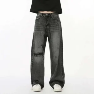 Ripped Straight Loose Fit Jeans with Hole Design