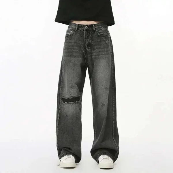 Ripped Straight Loose Fit Jeans with Hole Design