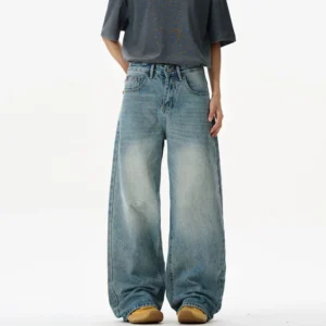 Alternative view of Washed Blue Baggy Straight Floor Length Jeans
