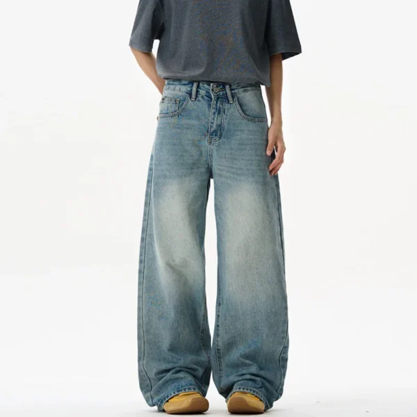 Washed Blue Baggy Straight Floor Length Jeans - Image 2