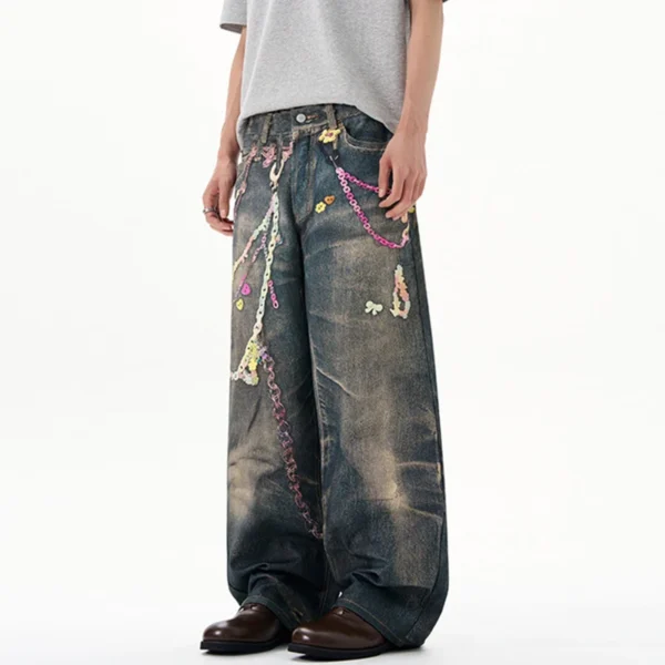 Chain Print Contrast Straight Loose Jeans - Image 3