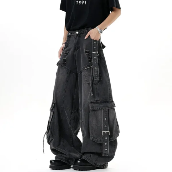 Solid Color Deconstructed Wide Leg Jeans with Multi Pockets - Image 3