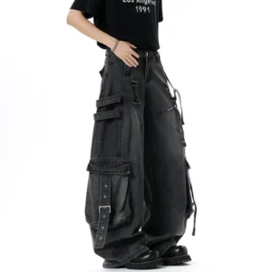 Alternative view of Solid Color Deconstructed Wide Leg Jeans with Multi Pockets