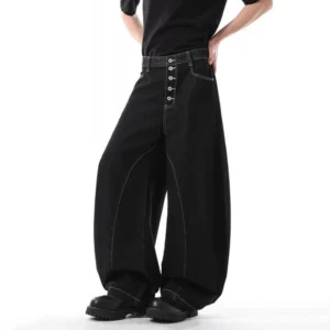 Alternative view of Solid Color Curved Knife Wide Leg Jeans with Button Design