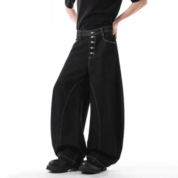 Solid Color Curved Knife Wide Leg Jeans with Button Design - Image 2